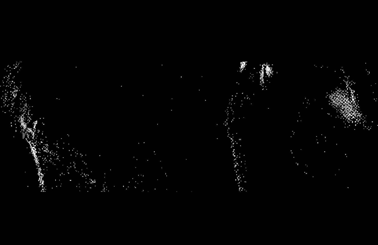 Two performers rendered as a luminous point cloud in Amino Acids